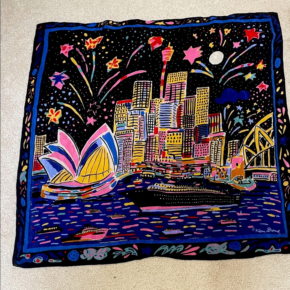 Ken Dove Colorful Cityscape Silk Scarf